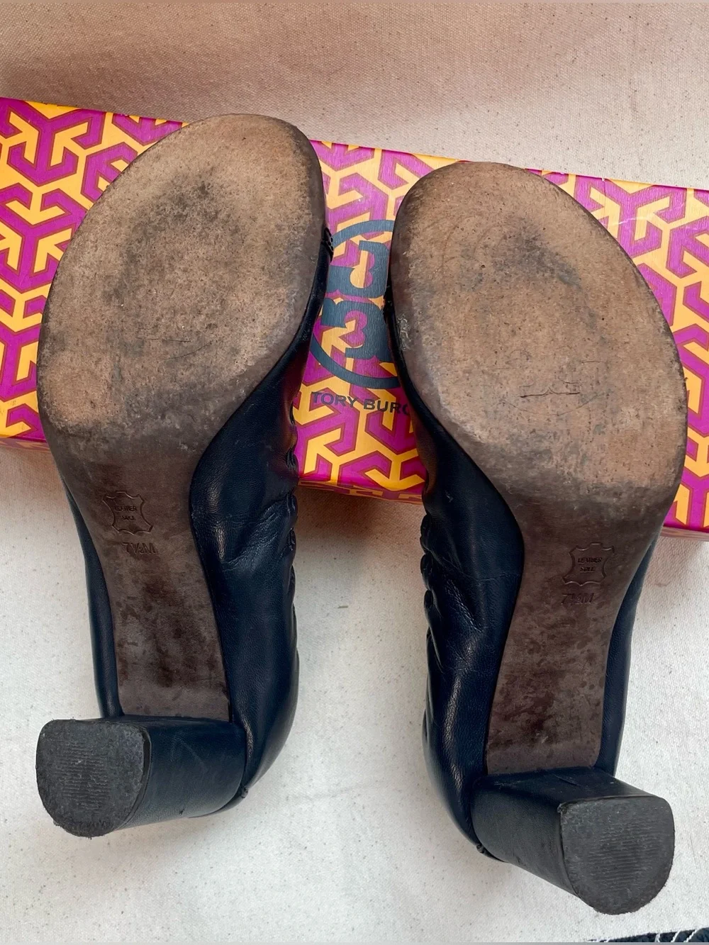 Tory Burch Navy Patent Round-Toe Block Heel Pumps
